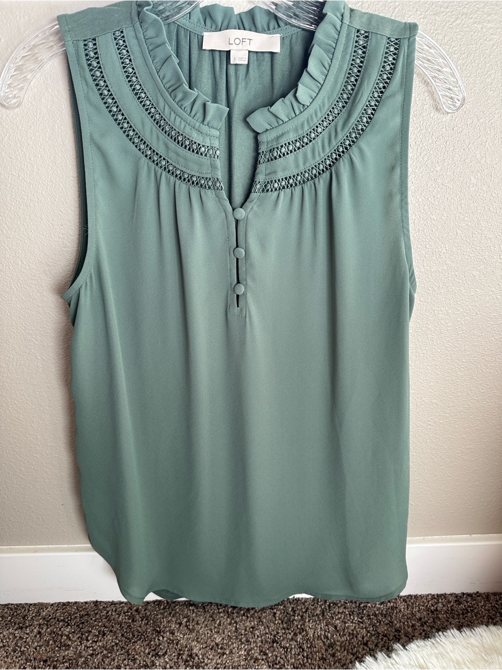LOFT Mint Green Crochet Yoke Ruffle Collar Blouse